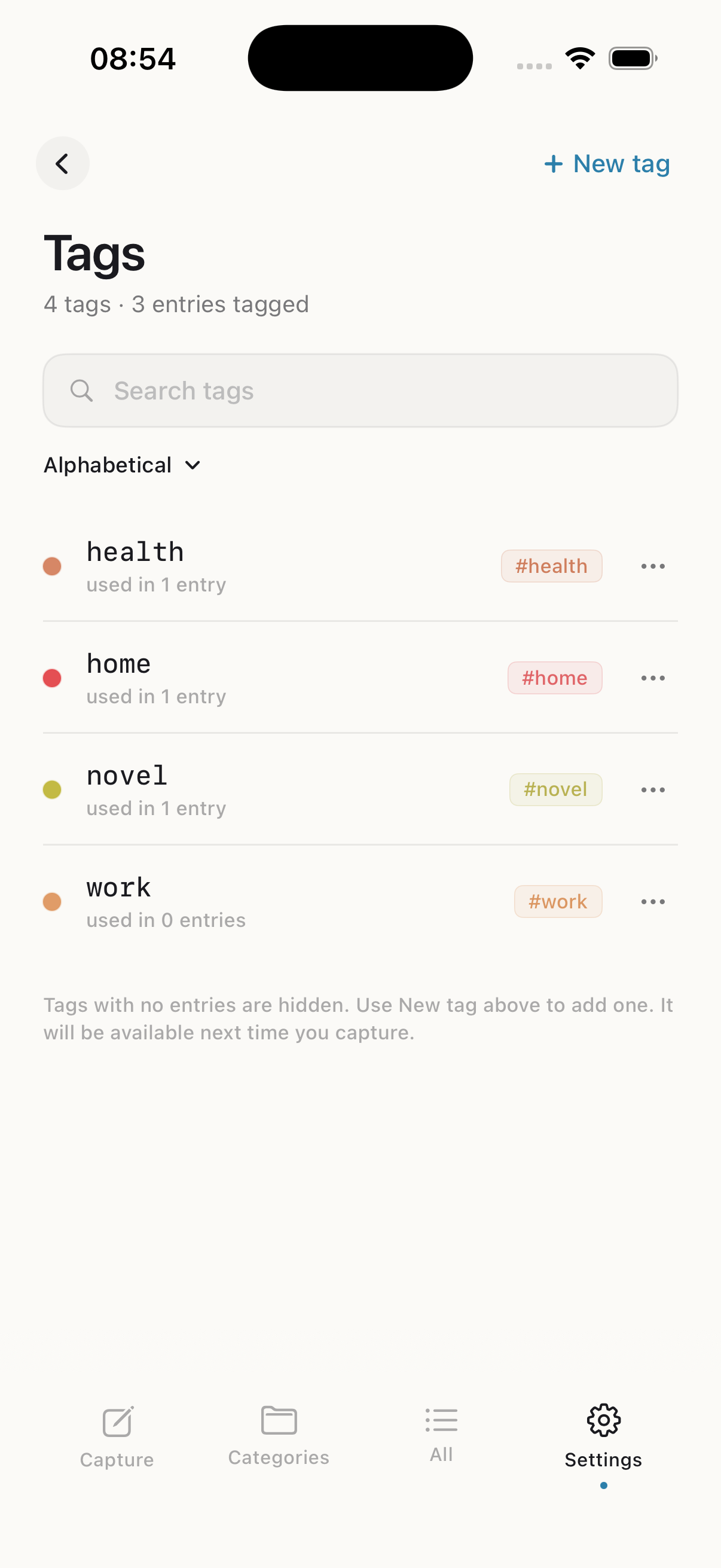 Tags screen