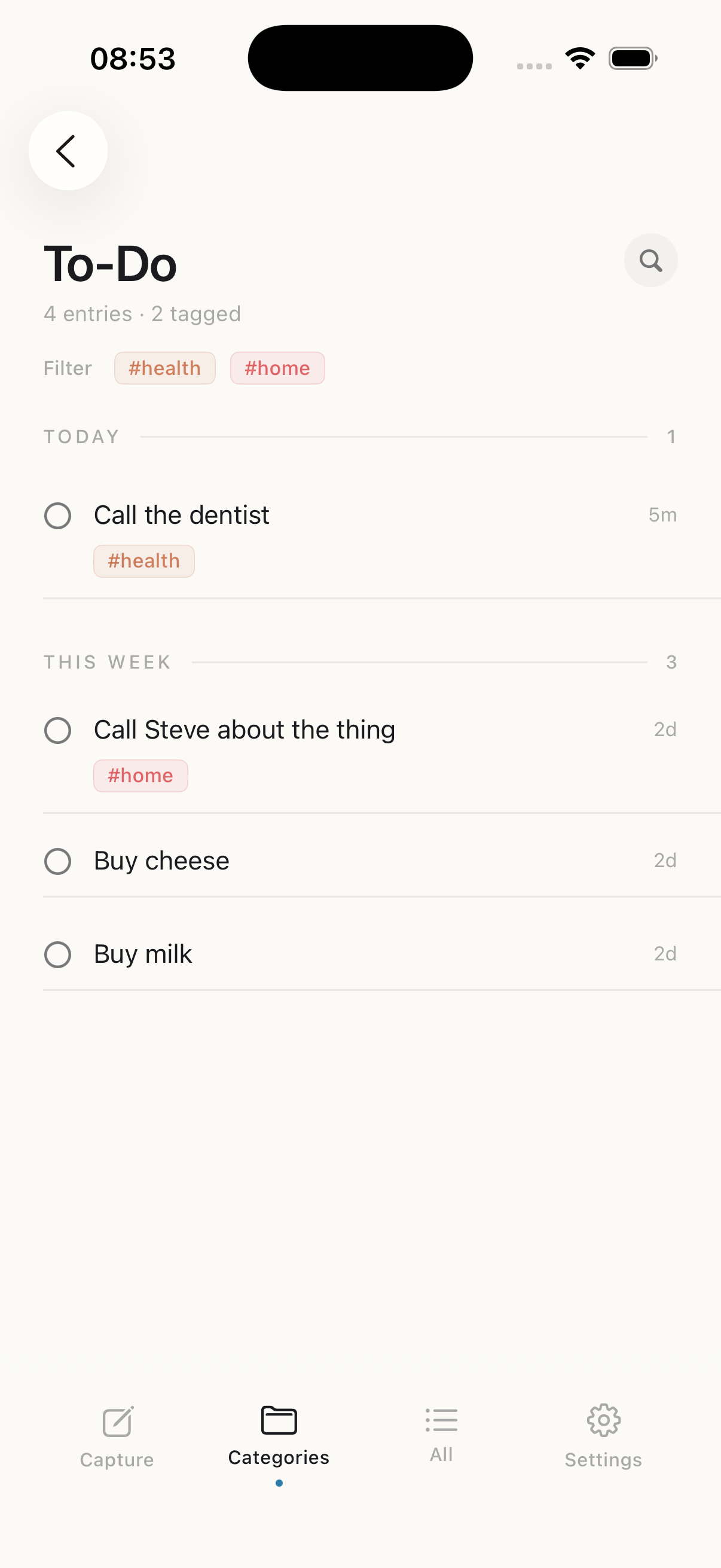 Hummingbird Capture to-do list screen